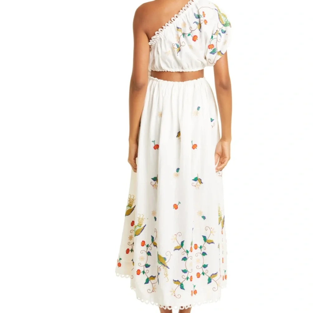 NWT $335 FARM RIO Embroidered One Shoulder Cutout Detail Linen Blend Dress-S / M
